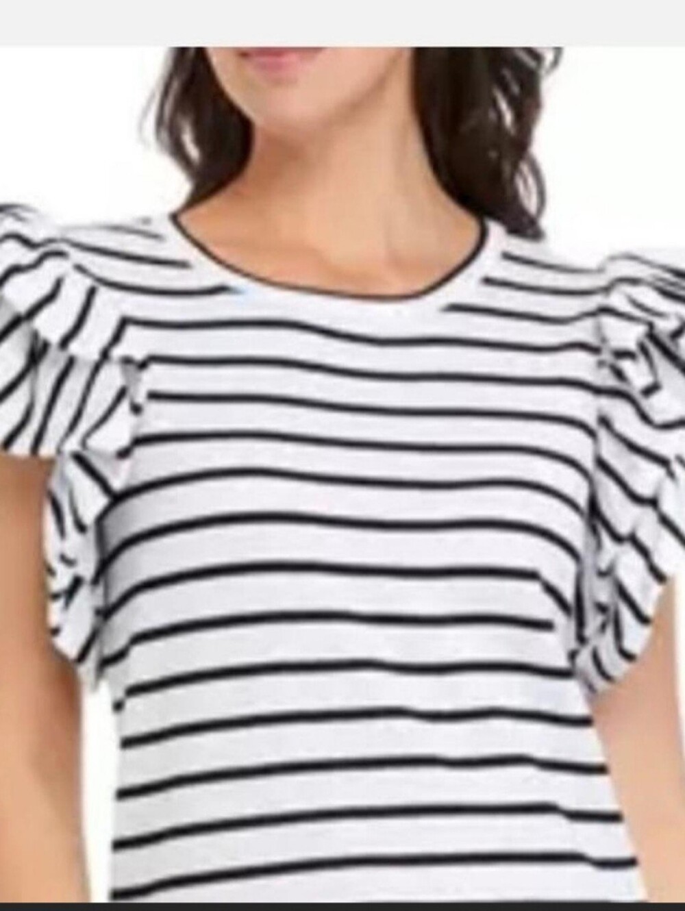 Crown & Ivy White and Black Striped Ruffle Sleeve Tee